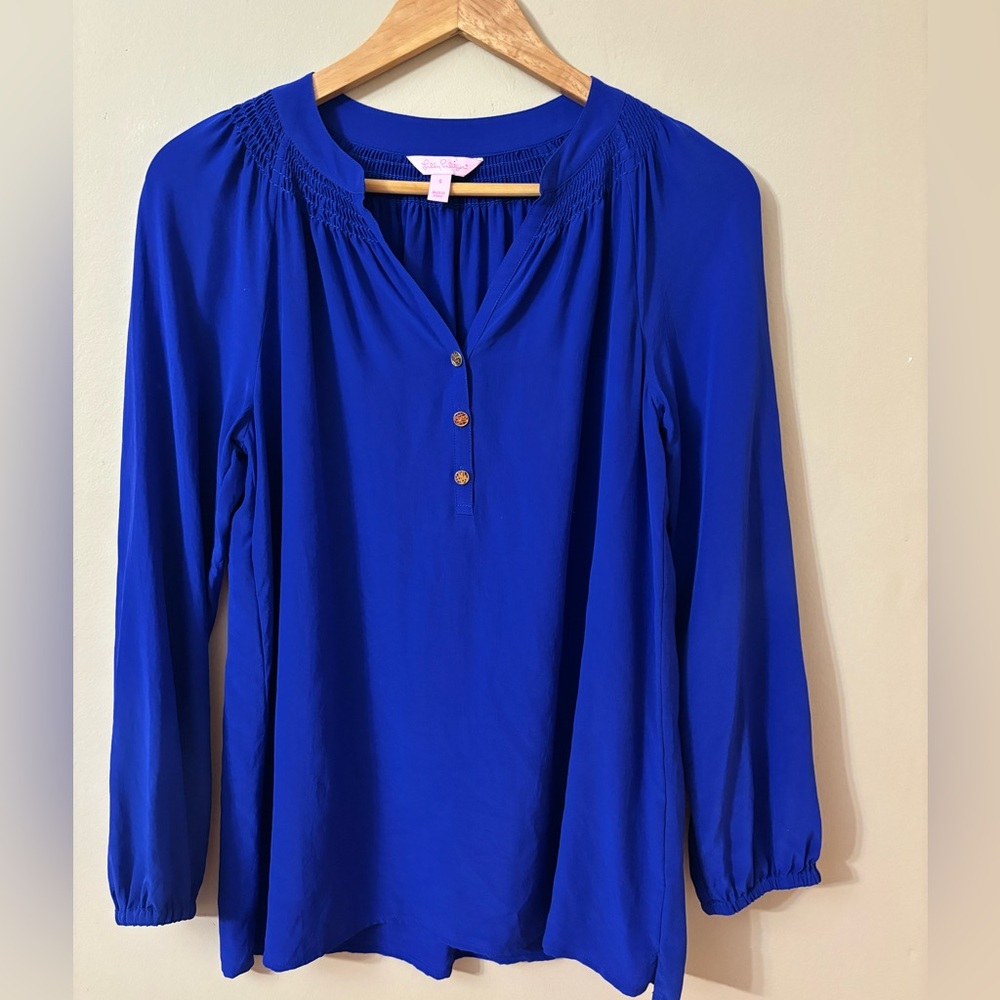 Lilly Pulitzer 100% silk ultramarine/cobalt blue Elsa blouse S